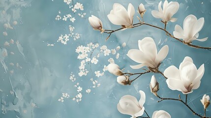 Fototapeta na wymiar Elegant floral pattern of vintage white magnolia flowers on light blue background