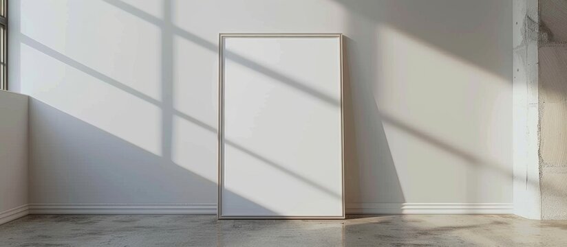 A close-up view of a simple picture frame placed on a table in a room with a large window letting in natural light