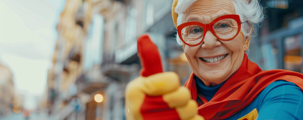 A senior woman dressed as a superhero gives a thumbs-up