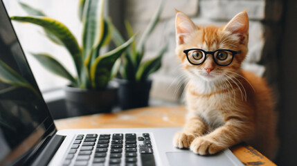 Kitten with glasses sitting by a laptop, a cute representation of curiosity and learning.
