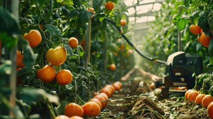 Robotic harvesters gently pick ripe fruits and vegetables, reducing labor costs and minimizing damage to the produce. - obrazy, fototapety, plakaty