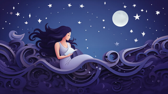 Illustration of a woman reading a book, enveloped by whimsical waves and stars on a serene night.
