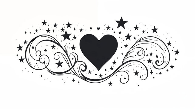 Black and white illustration featuring a heart surrounded by decorative swirls and stars, conveying a sense of love and fantasy.

