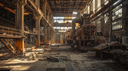 Fototapeta premium Heavy machinery hums with activity inside the bustling factory, a testament to industrial progress.