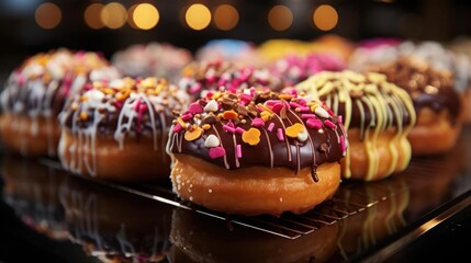 Closeup sweet donuts filled with melted chocolate and sprinkles with a blurred background