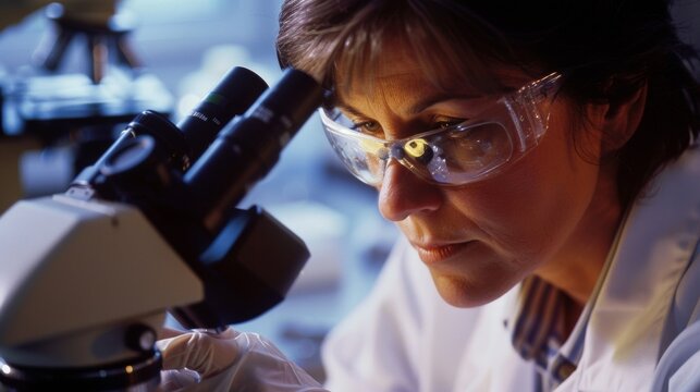 In a laboratory setting a scientist carefully examines a soil sample under a microscope searching for signs of contamination. She wears a lab coat and protective goggles as she works .