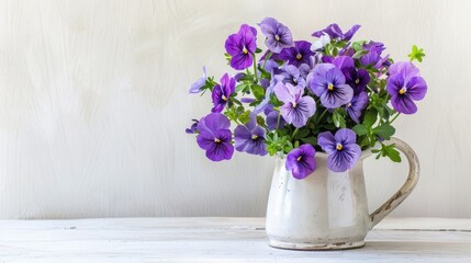 Capture the essence of spring with a vibrant bouquet of fragrant violet viola odorata flowers showcased in a vase against a crisp white backdrop offering ample space for text This authentic