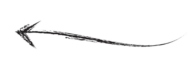 Black hand-drawn brush stroke arrow on a white background.