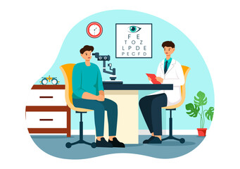 Optometrist Vector Illustration with Ophthalmologist Checks Patient Sight, Optical Eye Test and Spectacles Technology in Flat Cartoon Background