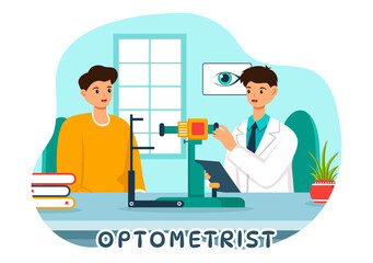 Optometrist Vector Illustration with Ophthalmologist Checks Patient Sight, Optical Eye Test and Spectacles Technology in Flat Cartoon Background