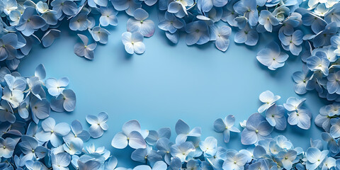 Blue hydrangea or hortensia mockup with petals, top view composition. Suitable for greeting cards, templates, botanical designs.