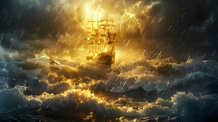 Tall Ship Braving the Turbulent Sea Amidst Thunderstorm and Lightning - obrazy, fototapety, plakaty