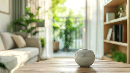 A small ceramic vase on a wooden table in the living room serves as the background.