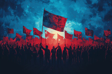 Crowd of people with flag protesting