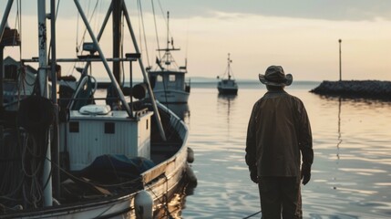 Obraz premium Blank mockup of a rustic metal harbor master sign with a fisherman silhouette. .