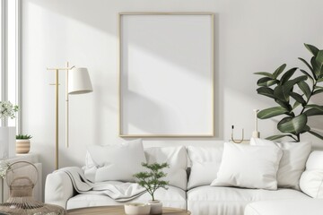 Scandinavian style living room with poster mockup created with generative ai