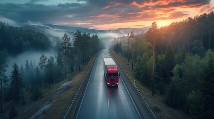 A commercial truck transportation, red freight vehicle on misty mountain road, scenic transport, A commercial truck transportation - Powered by Adobe