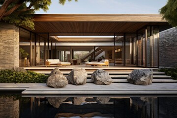 Green Living Luxurious Backyard of A Contemporary House Overlooking Pool and Boulders