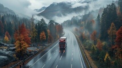 A commercial truck transportation, red freight vehicle on misty mountain road, scenic transport, A commercial truck transportation