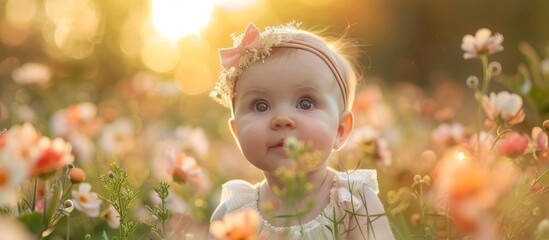 Adorable infant girl standing in a colorful field of blooming flowers, adorned with a delicate crown made of fresh blooms