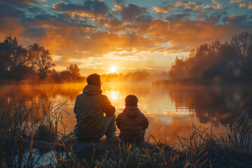 Father and Son Contemplating Sunrise by Misty River - obrazy, fototapety, plakaty