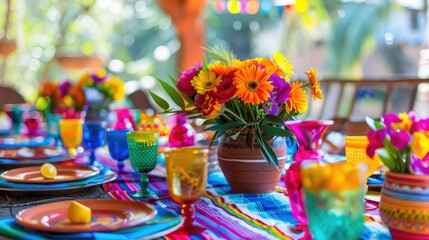 Fototapeta na wymiar Vibrant and traditional table decorations that add a pop of color to your Fiesta celebrations