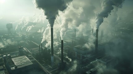 An aerial view of a vast industrial complex with tall chimneys billowing smoke symbolizing the production and distribution of biofuel made from invasive species. . - obrazy, fototapety, plakaty