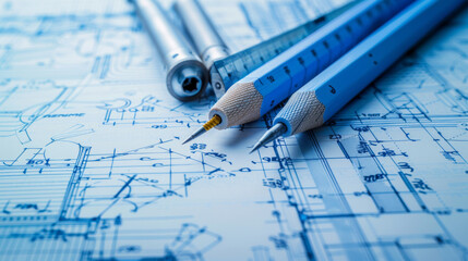 Blueprints and drafting tools plotting precise designs - 788877704