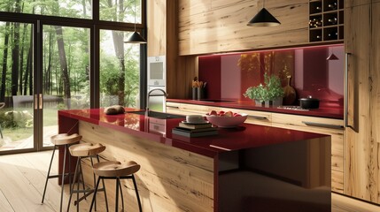 Envision a space where ruby countertops meet natural wood tones, creating an inviting atmosphere for culinary creativity.