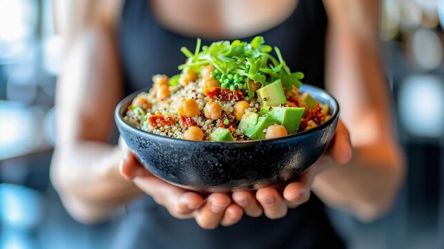 Freshly prepared quinoa chickpea salad with avocado and sprouts served in a black bowl.