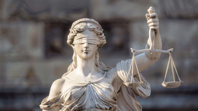 Closeup of a blindfolded statue of Lady Justice holding a sword and scales representing the impartiality and objectivity that should be present in the legal system. .