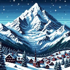 Village under snow capped mountain