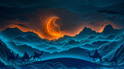 Fototapeta na wymiar Long line of camels with person at sunset sky in the middle of Sahara desert with paper cut style. Islamic New Year and Eid Al-Adha theme 