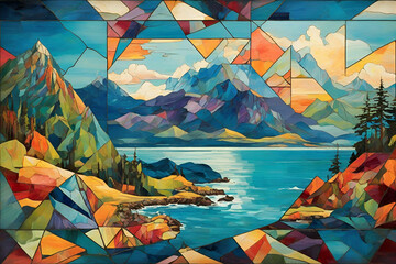 Island Landscape and Mountains in Geometric Cubist Art Style - obrazy, fototapety, plakaty