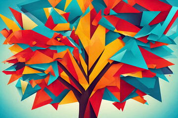 Abstract Geometry Shapes Form a Tree bright color cubism - obrazy, fototapety, plakaty