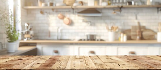 A detailed view of a rustic wooden table set in a cozy kitchen environment, featuring a slightly blurred background