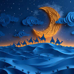 Long line of camels with person at sunset sky in the middle of Sahara desert with paper cut style. Islamic New Year and Eid Al-Adha theme 