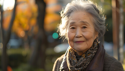 A happy elderly Asian lady enjoying the outdoors with a smile on her face.