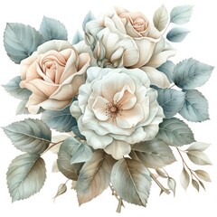 white and pale pink watercolor clipart bouquet with muted teal roses and green leaves