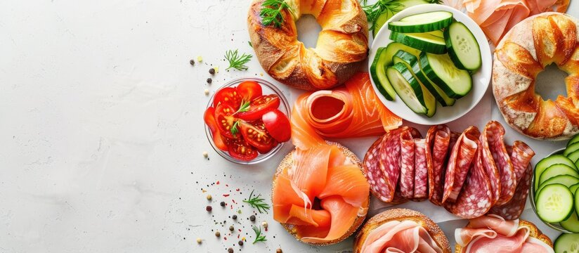 An assortment of bagels topped with smoked salmon, ham, salami, and vegetables displayed on a white table. The image is captured from a vertical top view angle, leaving some space for text.
