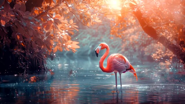Majestic Flamingos in a Lush Forest with a Flowing River. Seamless looping time-lapse virtual 4k video animation background