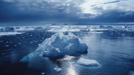 A large ice block sits in the middle of a body of water.