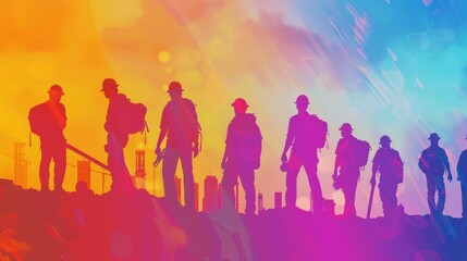 A group of construction workers are standing on a hill, with a city in the background. The men are wearing backpacks and helmets, Concept of unity and teamwork - obrazy, fototapety, plakaty