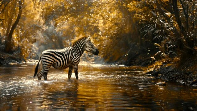 Riverine Wonders: Captivating View of Zebras in their Natural Habitat. Seamless looping time-lapse virtual 4k video animation background