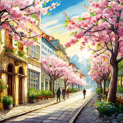 벚꽃이 피어있는 거리 - obrazy, fototapety, plakaty