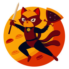 A ninja cat riding a flying pizza slice, wielding a spatula as a weapon