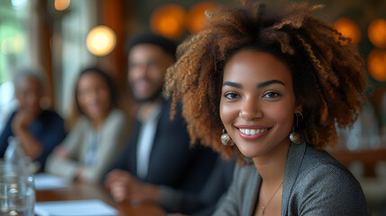 Business meeting - close-up of smiling and confident African American- female - boardroom -...