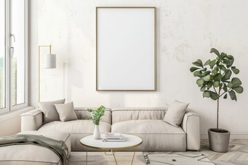 Fototapeta premium Scandinavian style living room with poster mockup created with generative ai