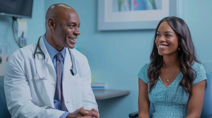 Fototapeta premium Allergy Consultation in Clinic: Middle-Aged Male Doctor Educates Young Female Patient, Bright Daytime Setting