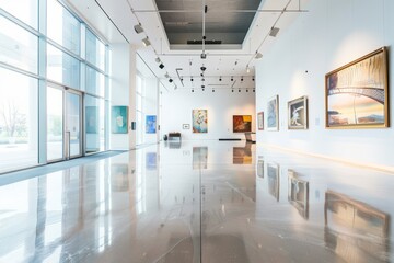  A contemporary art gallery showcasing modern architecture with clean lines, open spaces, and...